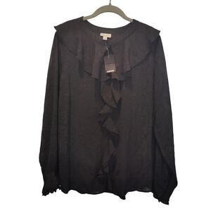NWT Avenue Plus Sz 18 Black Ruffle Collar Floral Textured Shirt Long Sleeve